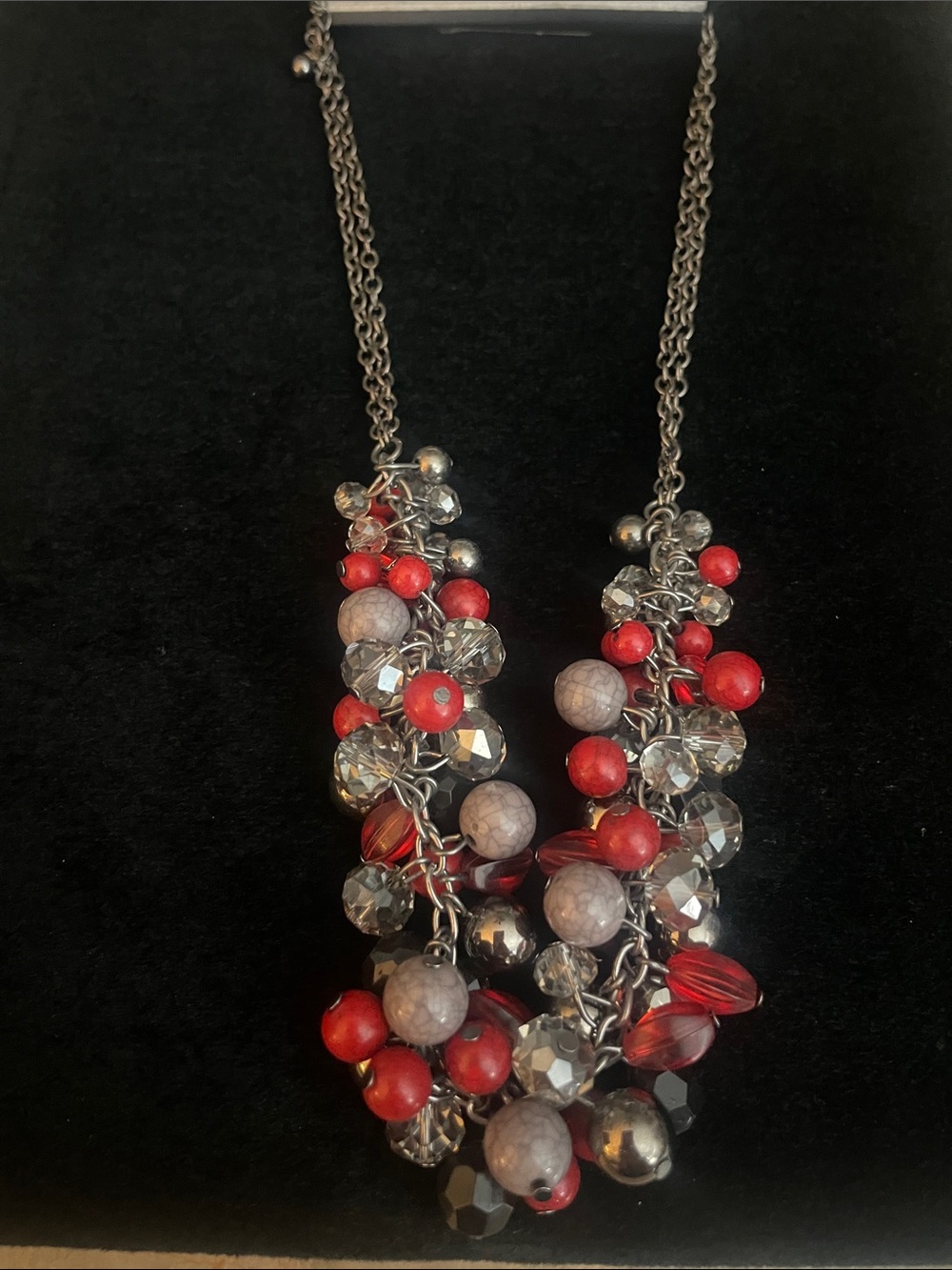 Red and Gray Beaded Cluster Necklace - Women Jewelry NEW!